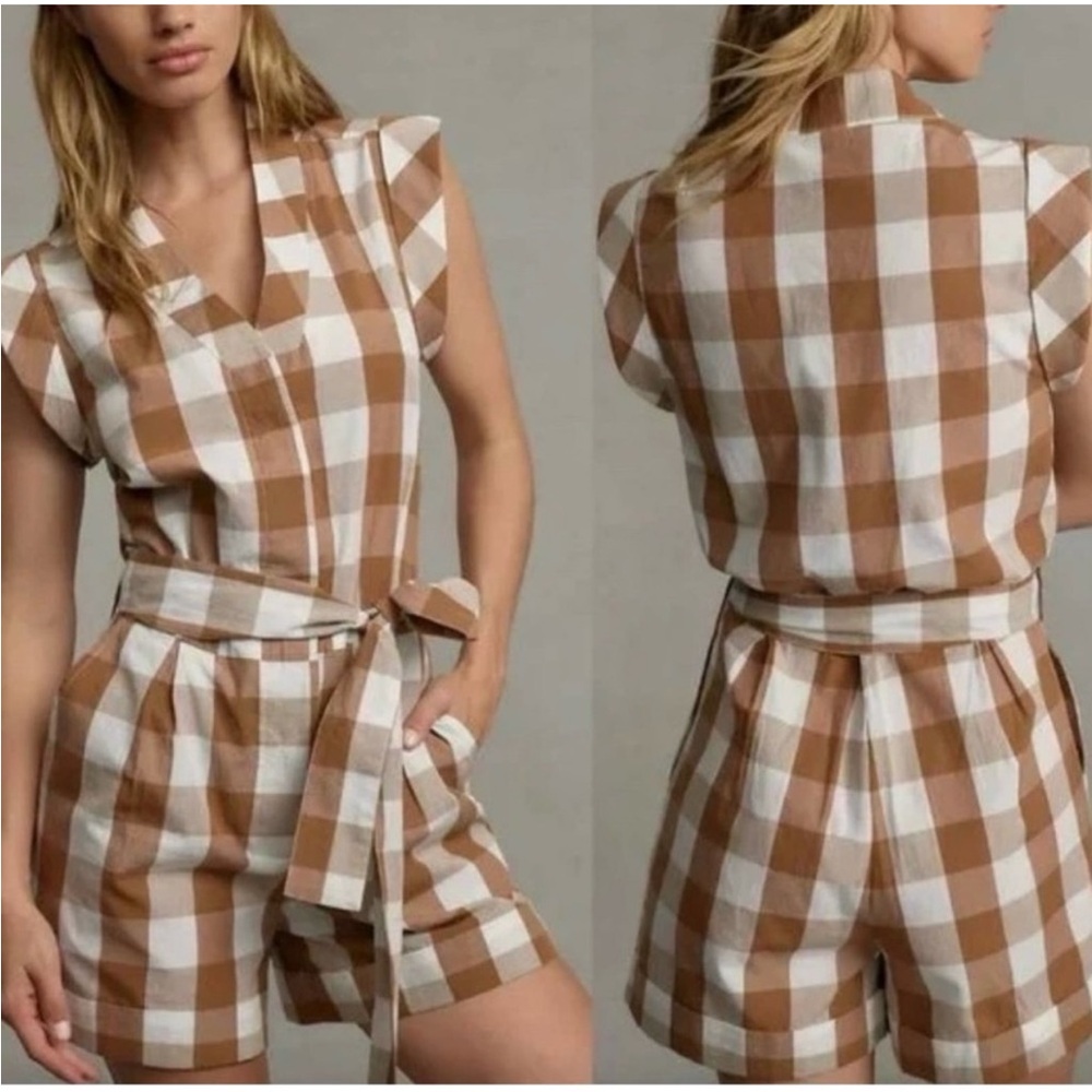 Anthropologie WHIT TWO Gingham Romper Brown and White Buffalo Plaid Cotton - S
